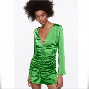 ZARA Women’s Small Green Jewel Draped Ruched Side Minidress NEW NWT